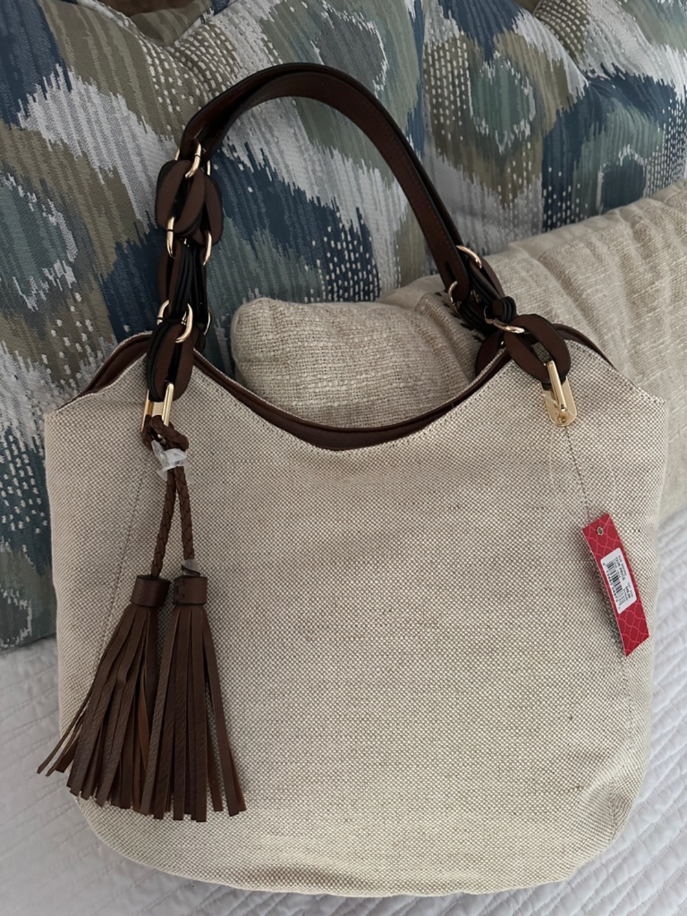 Kelly & Katie Cream Canvas Shoulder Bag with Brown Trim